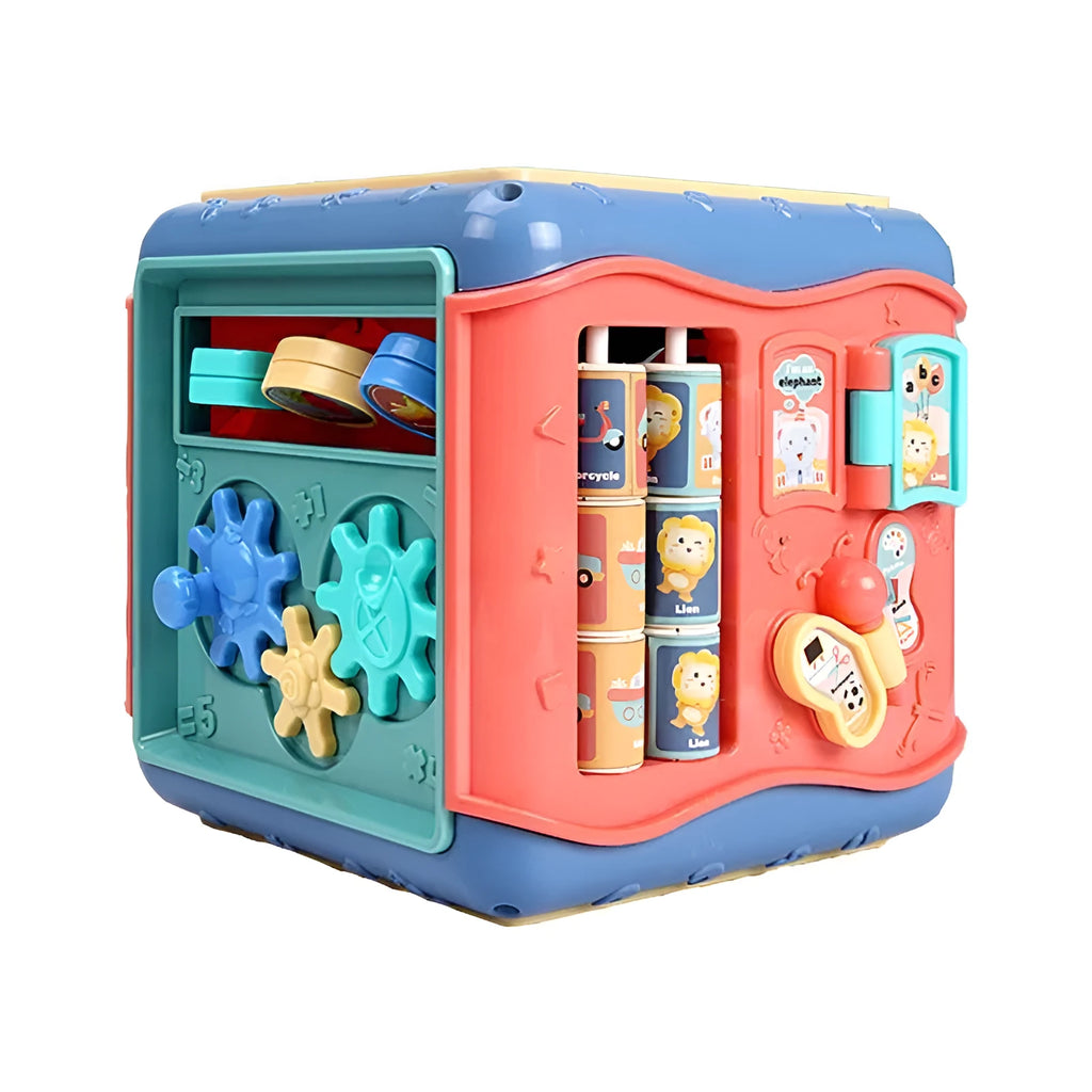 Baby hexahedron educational toy with six activity sides including bead maze and gear games