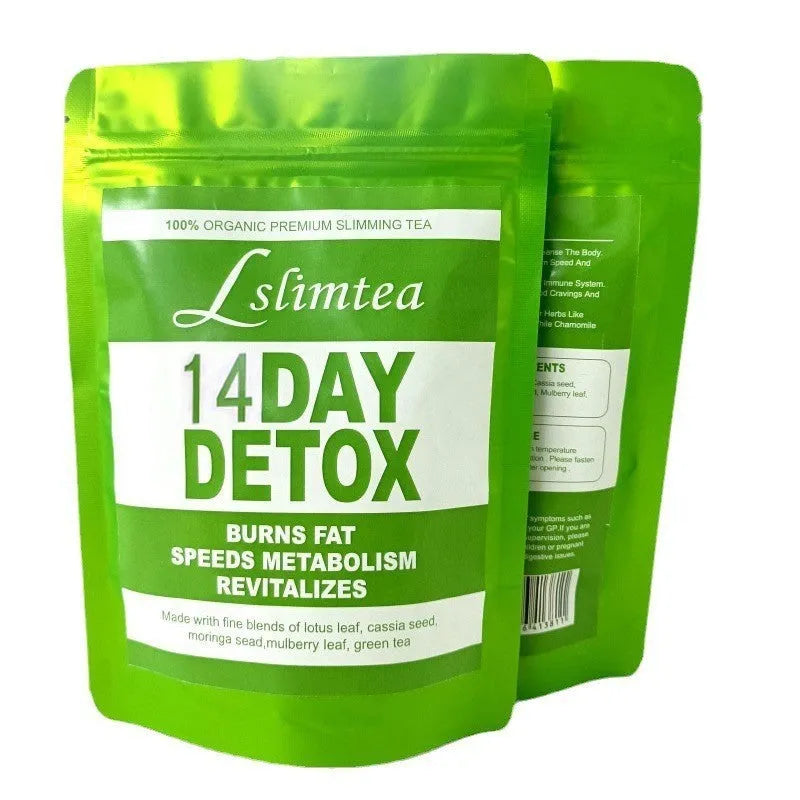 Box of 14-day herbal detox tea containing 14 individual sachets, net weight 42g.
