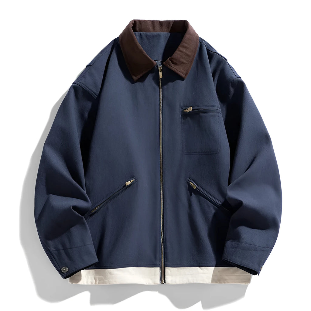 Men's retro workwear jacket with contrast lapels in loose autumn style