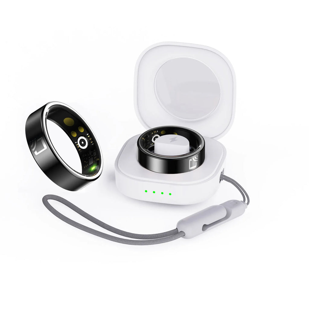 Black ceramic smart ring for heart rate and blood oxygen monitoring on a finger