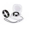 Black ceramic smart ring for heart rate and blood oxygen monitoring on a finger