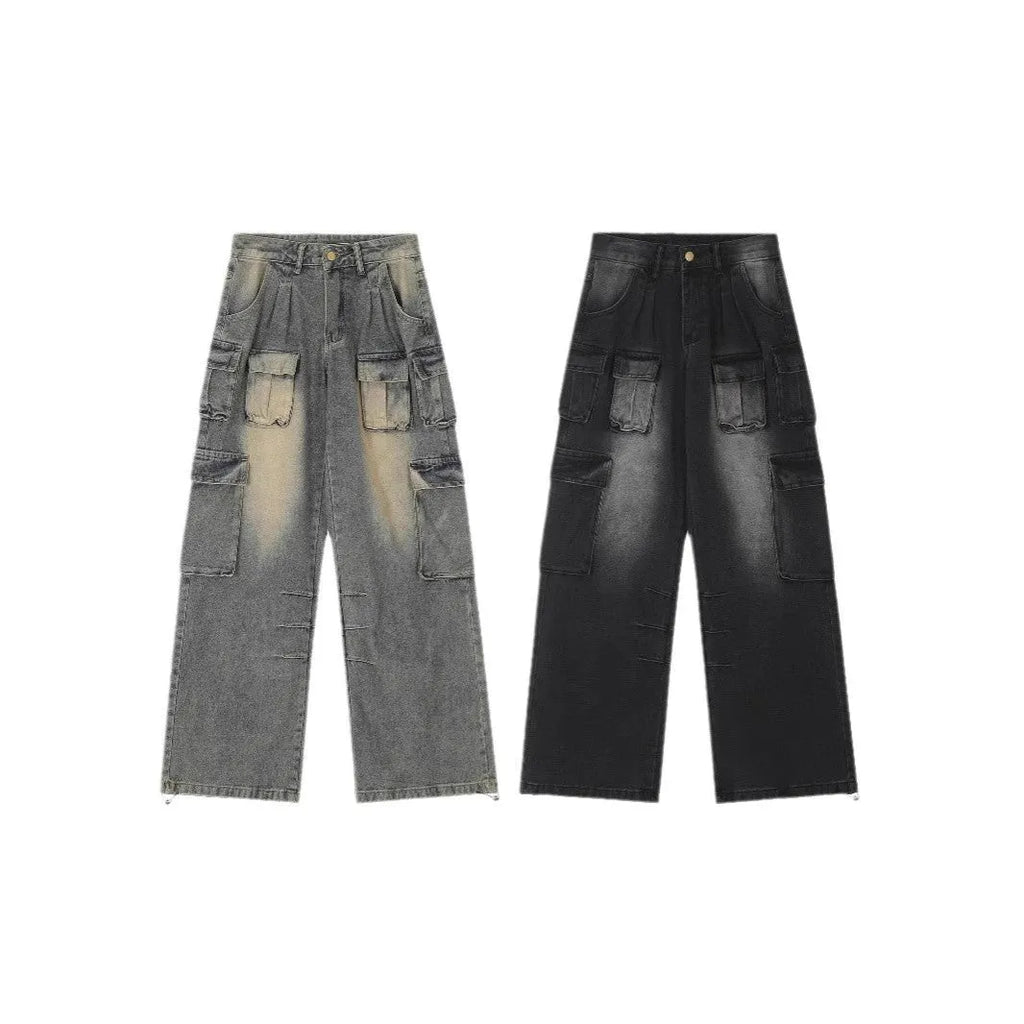 Loose distressed denim pants with multiple pockets in light blue and black colour options