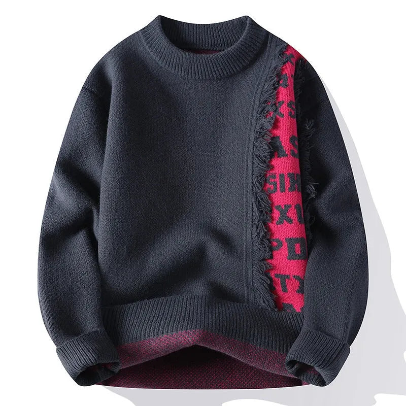 Men's loose fit knitted pullover with ribbed hemline in polyester and rabbit fur blend