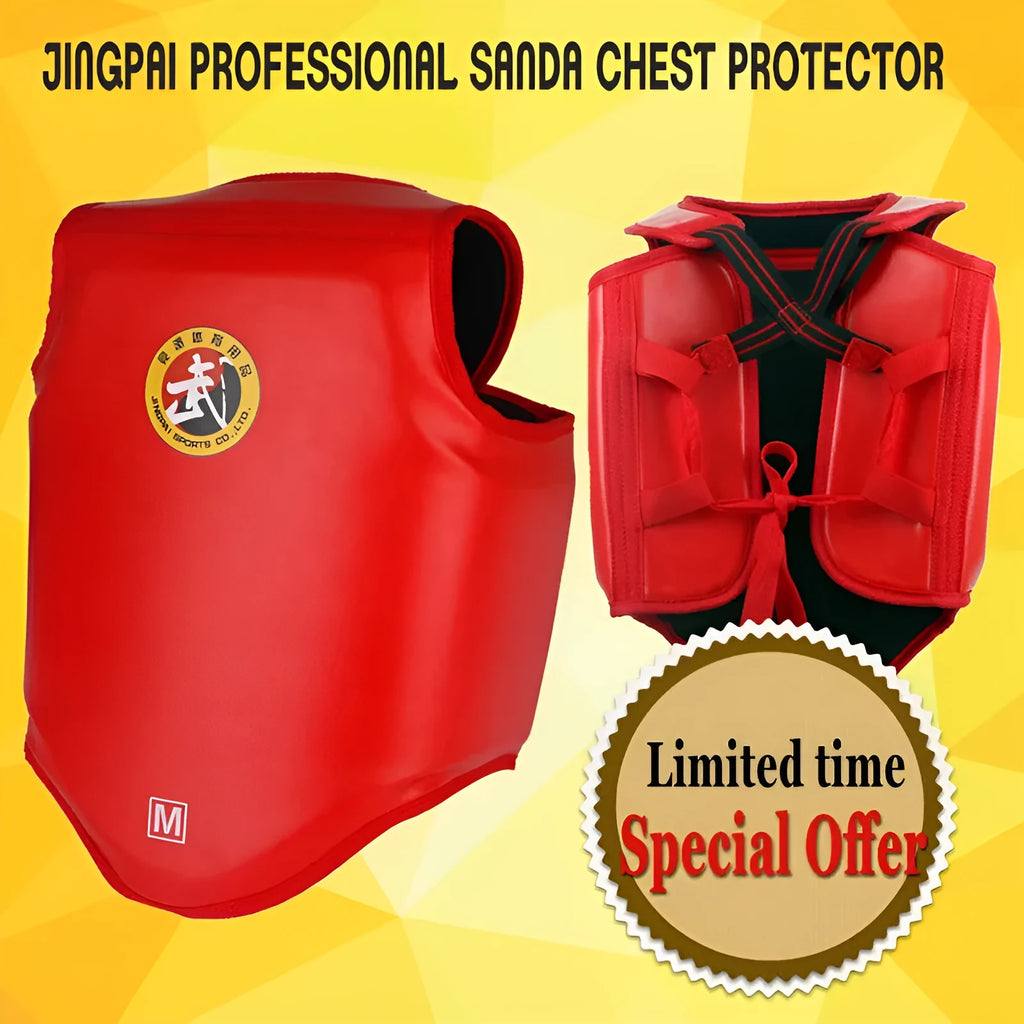 One-piece red boxing helmet and chest protector for training.