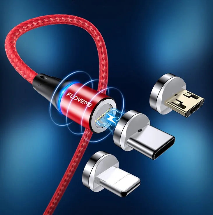 Black magnetic fast-charge data cable with glowing side lights next to a smartphone.