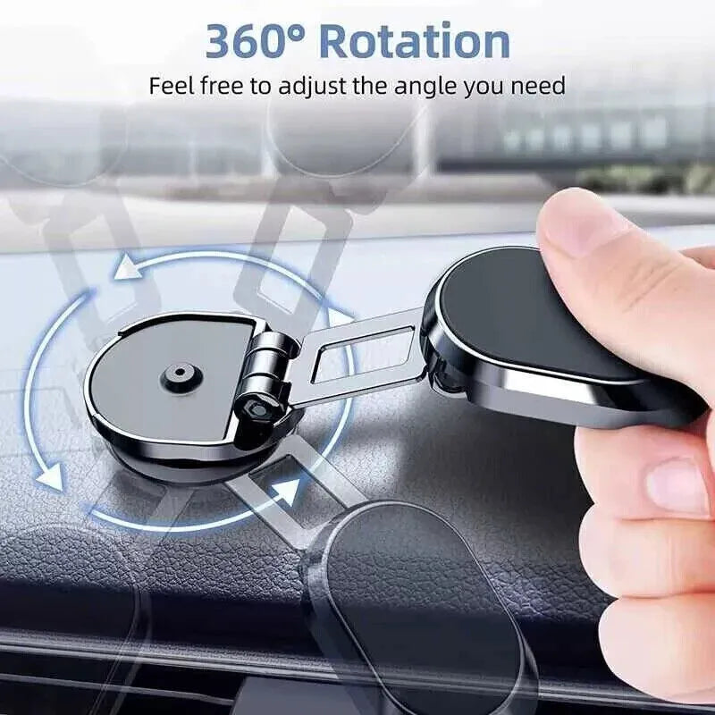 Chrome folding magnetic car phone holder shown extended and collapsed on a car dashboard.