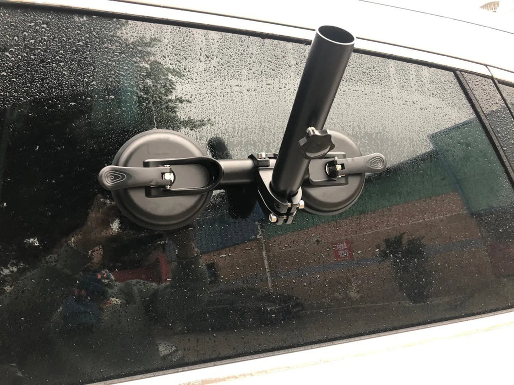 Black off-road car flagpole sucker base with round glass suction cup, showing ABS and rubber construction.