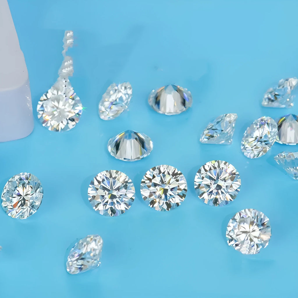 Round moissanite gemstone with eight hearts and eight arrows faceting pattern on dark background