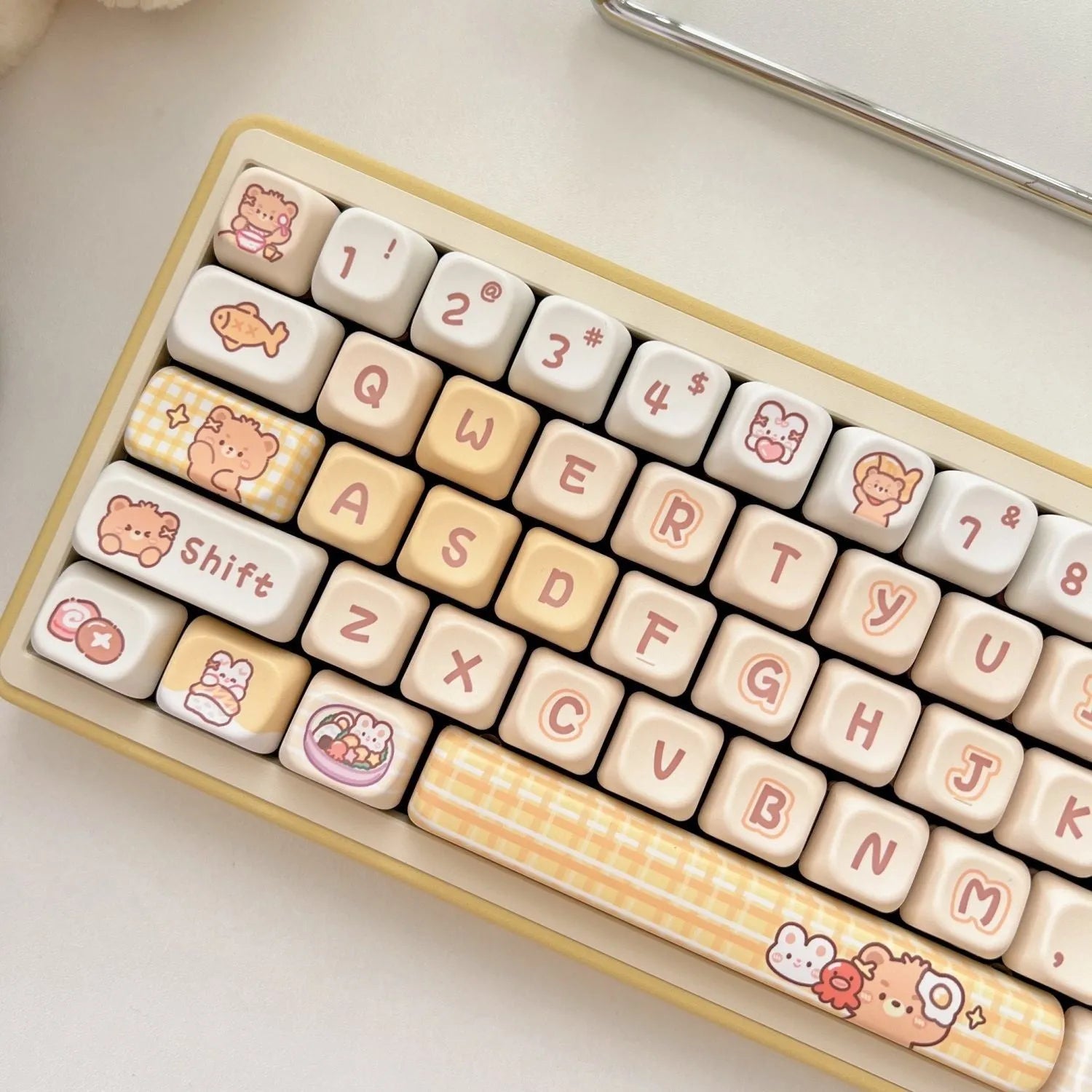 Rabbit Bear Restaurant themed mechanical keyboard keycap set showing PBT construction and thermal sublimation printing