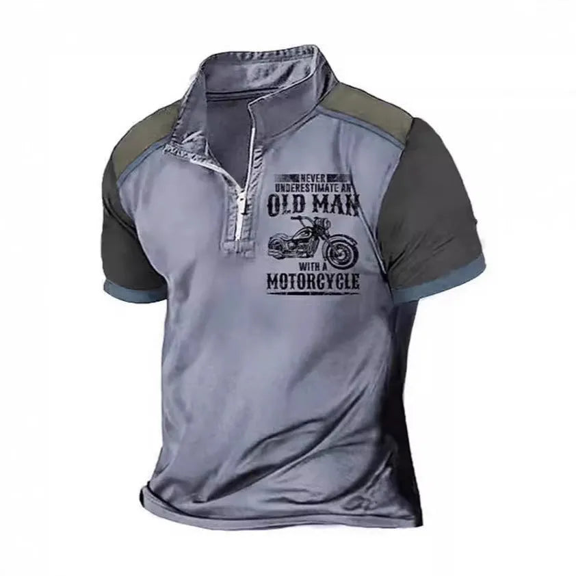 Men's short sleeve polo shirt with lapel collar, digital letter printing, and a zip decoration detail in a casual style.