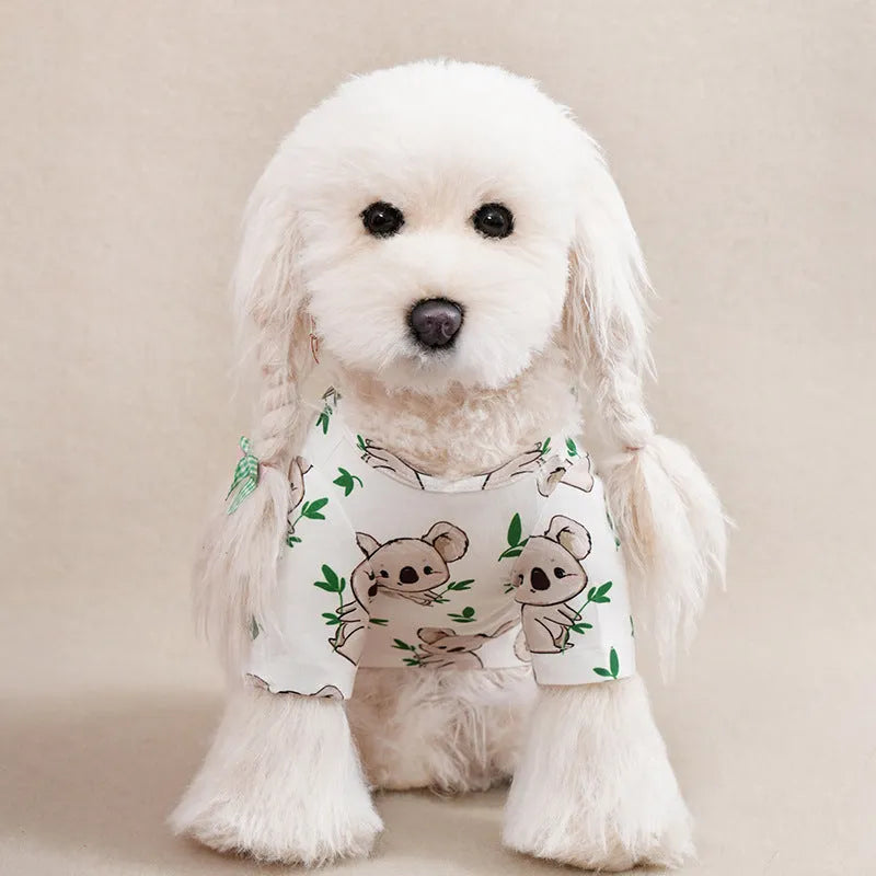 Small dog wearing full-print polyester t-shirt in casual style for spring or autumn
