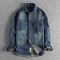 Men's loose cardigan style washed vintage denim shirt in light blue