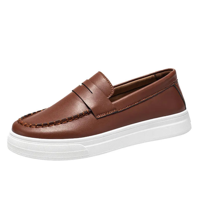 Men's casual slip-on loafers in artificial PU with round toe, shown in white, black and white, and khaki.