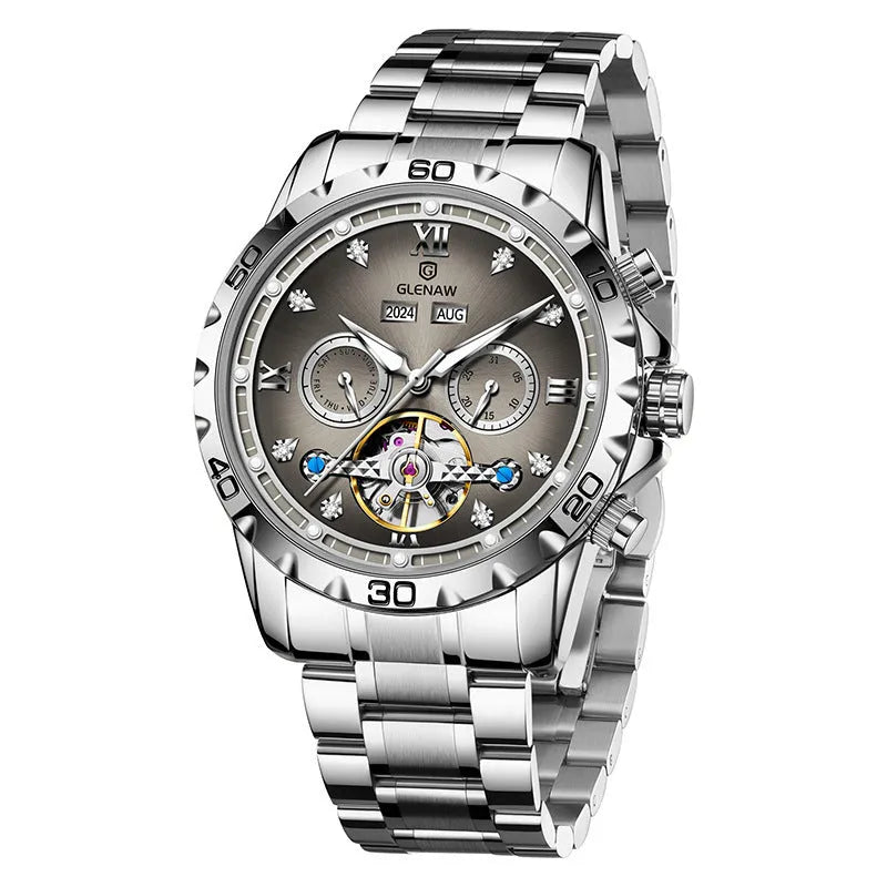 Men's automatic mechanical watch with stainless steel strap and mineral glass face