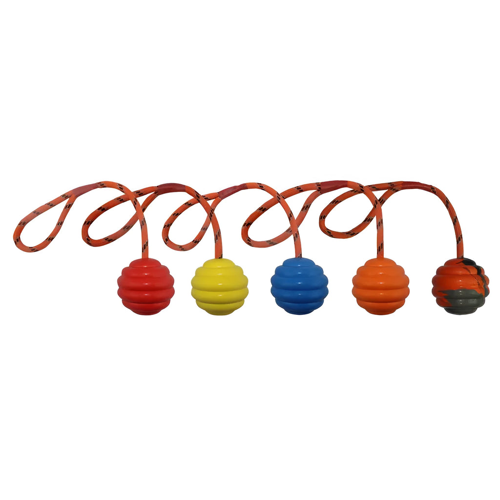 Multi-colour rubber dog chew ball with rope knot design for interactive play
