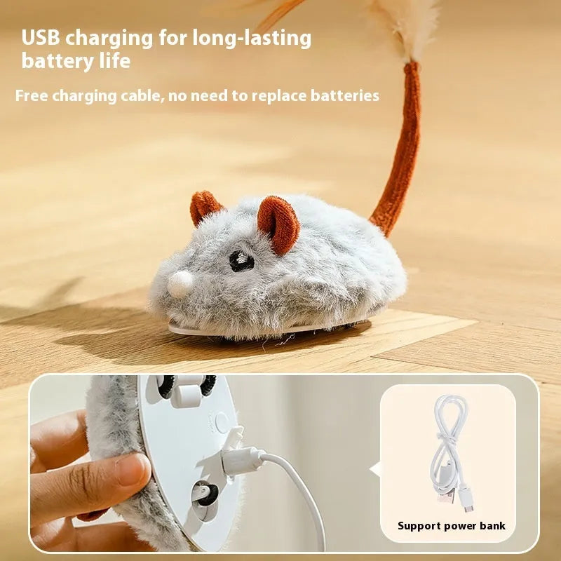 Electric plush mouse cat toy in pink, shown with a Type-C charging cable.