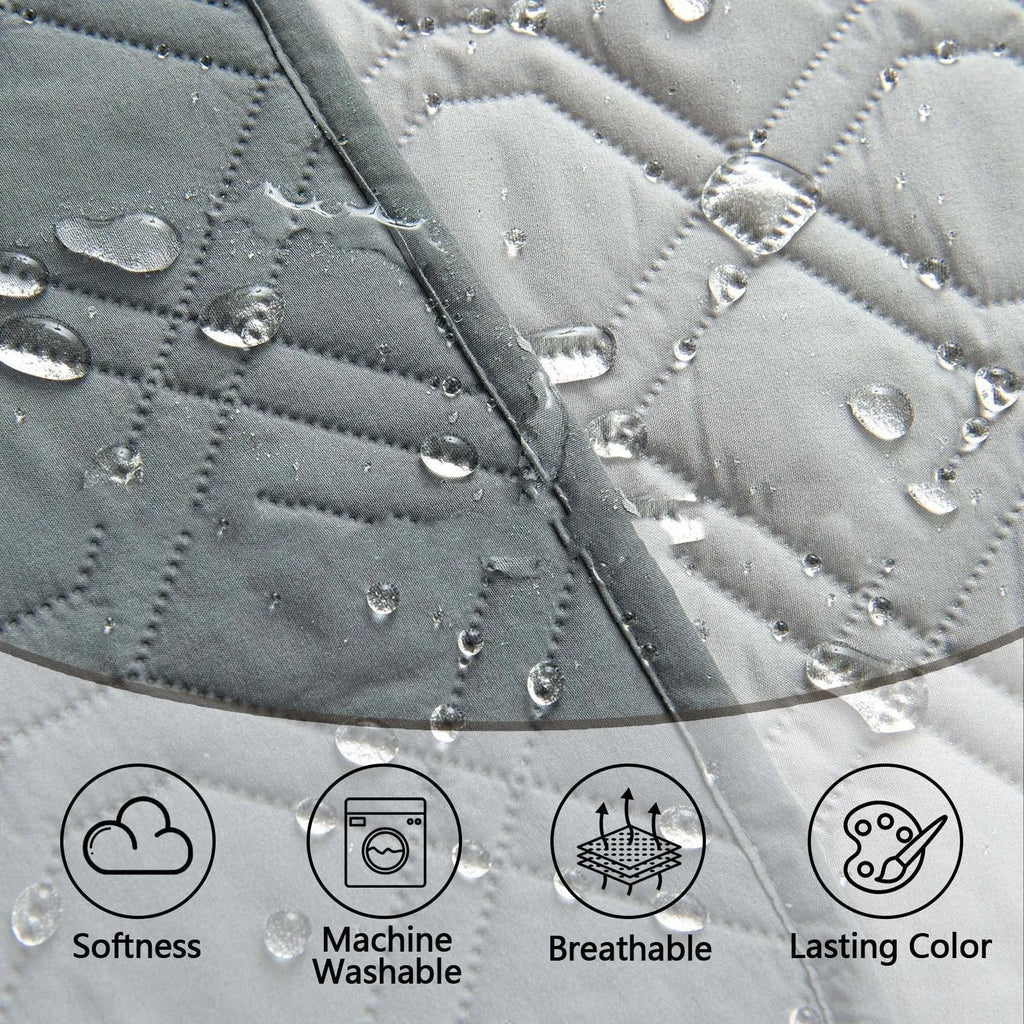 Reversible waterproof dog cushion showing dark grey and khaki colour sides, with size graphic.
