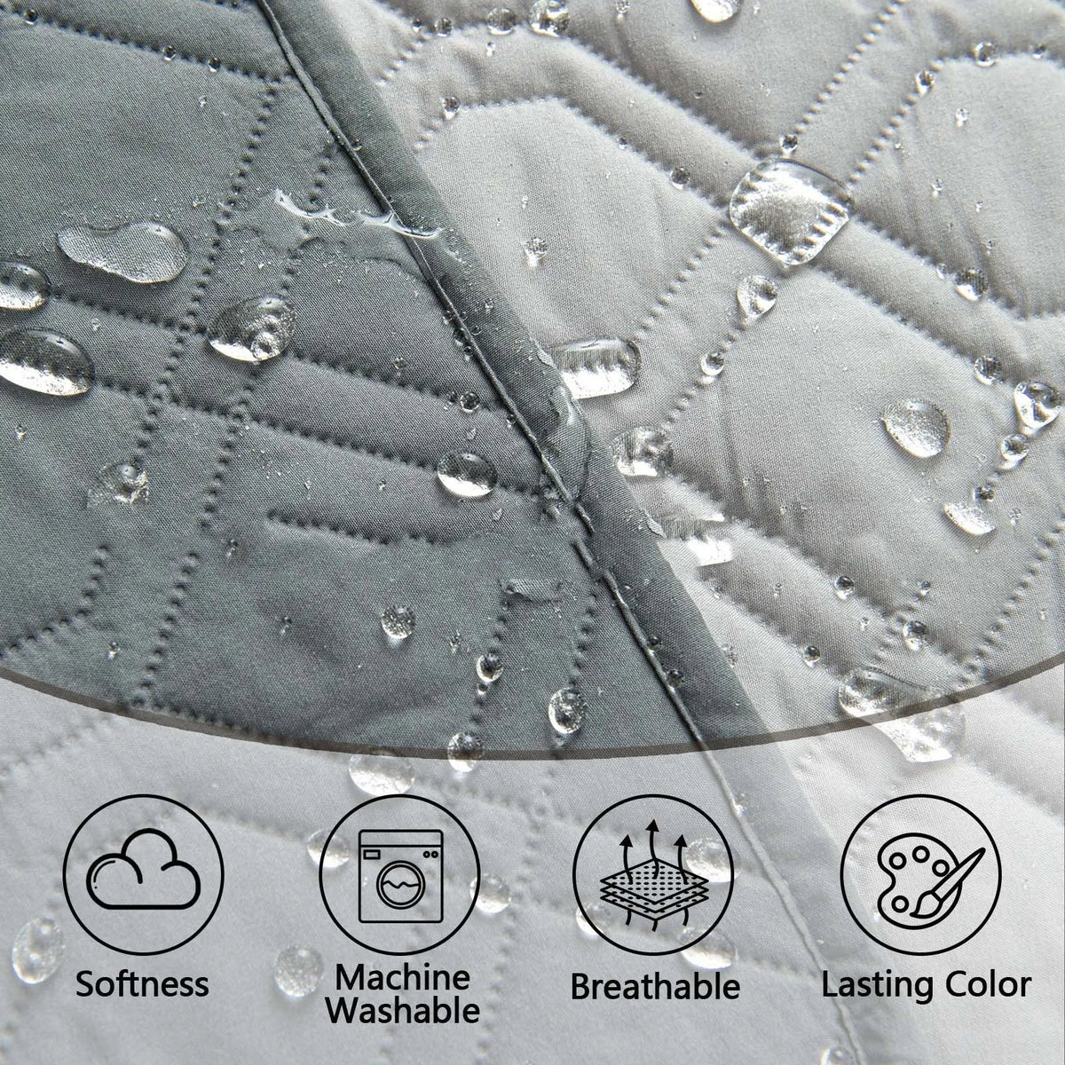 Reversible waterproof dog cushion showing dark grey and khaki colour sides, with size graphic.