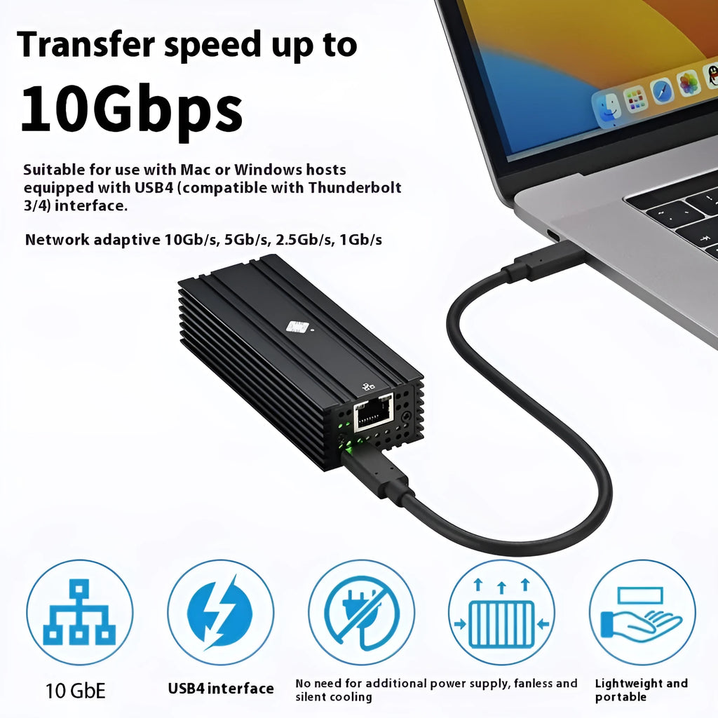 Black USB4 10G Ethernet network adapter with RJ45 port and 20cm cable.