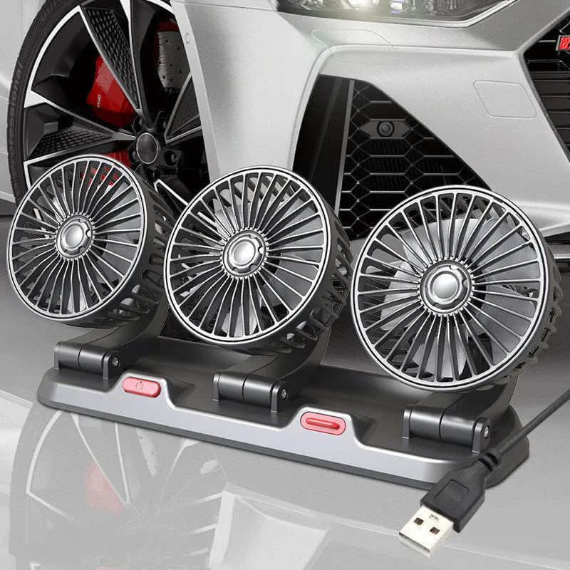 Three-head black automotive electric cooling fan with extended cable for vehicle dashboard use