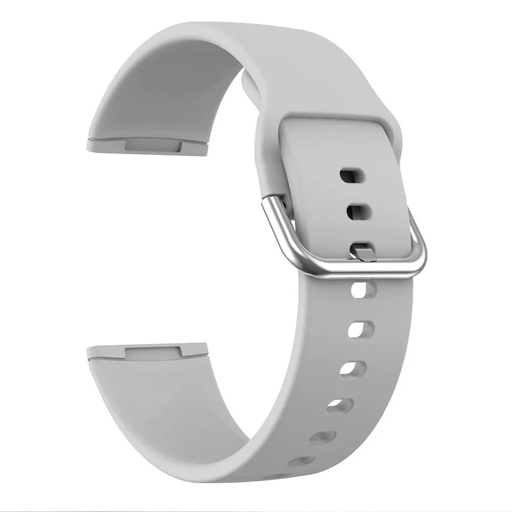 Silicone replacement strap with silver buckle for Fitbit Versa 3 and Sense 2 smartwatches, shown in a solid colour.