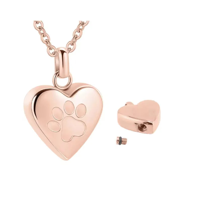 Openable heart-shaped paw print casket necklace in titanium steel on a chain.