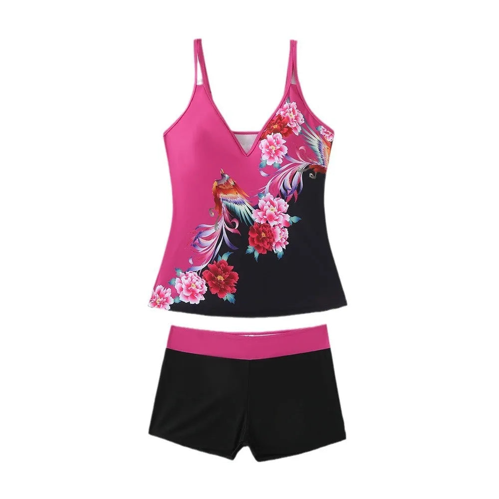 Plus size women's split swimsuit in black or rose red with printed design and cotton lining