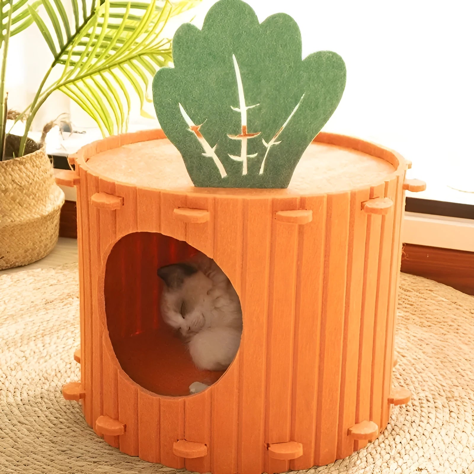 Natural felt semi-enclosed cat nest with drilled holes available in M and L sizes
