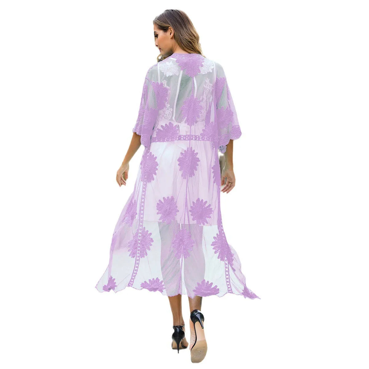 Light purple lace embroidery beach dress cardigan for women, free size swimwear outerwear