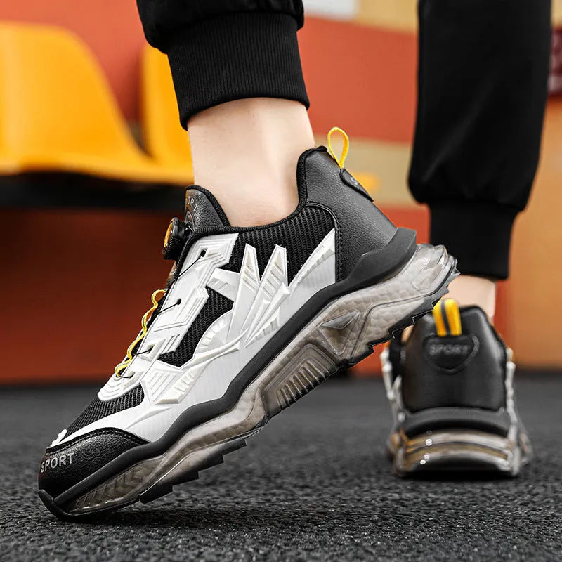 Men's black casual rotating button dad shoes with a low-top platform sole.