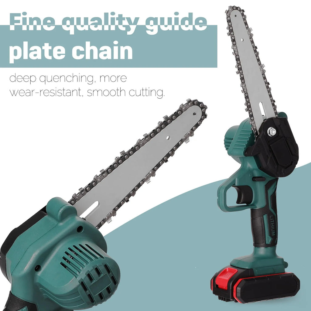 Black mini electric chainsaw with 4-inch guide bar, showing lightweight one-handed design for portable logging