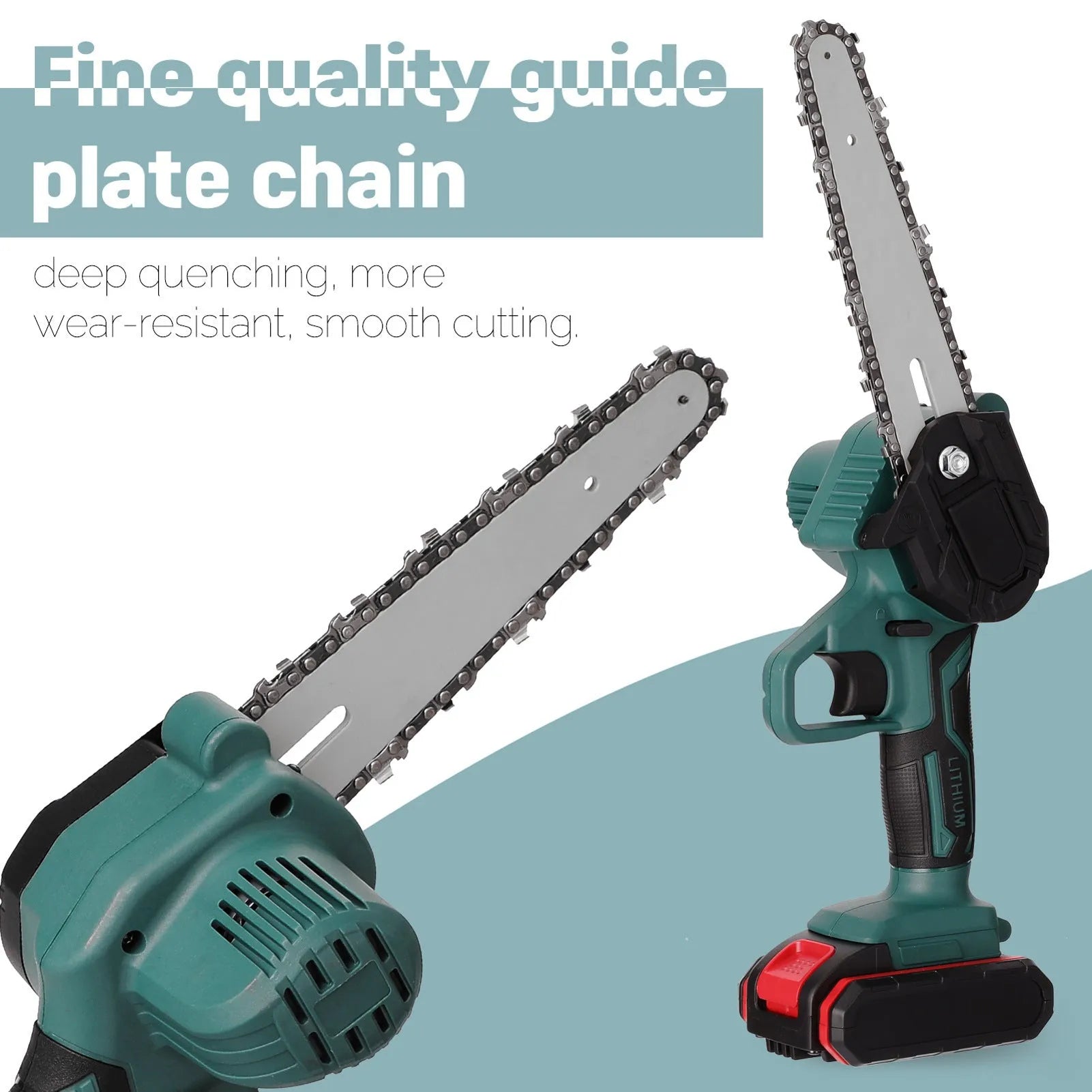 Black mini electric chainsaw with 4-inch guide bar, showing lightweight one-handed design for portable logging
