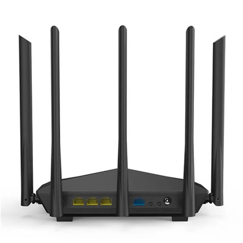 Black AC11 Gigabit wireless router showing four network ports and compact size of 220x141.5x49mm.