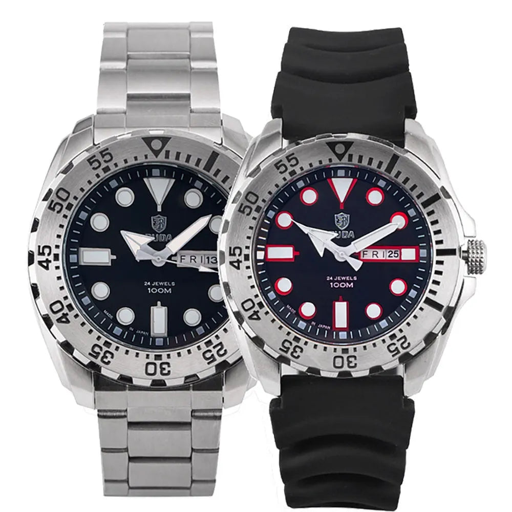 Waterproof men's sports watch with luminous dial, shown in silver case with blue dial and steel strap