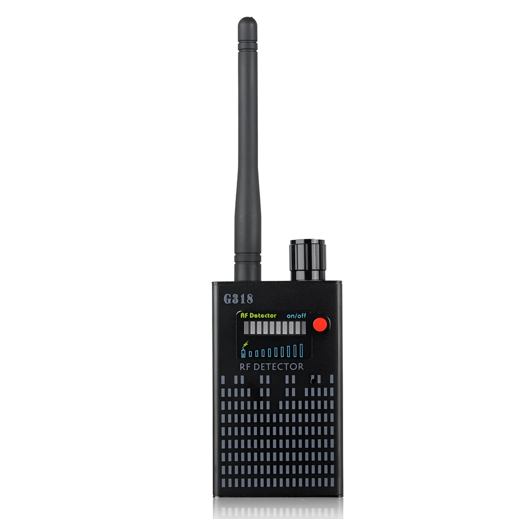 Black G318 aluminium alloy anti-theft hole camera detector on a table with data cable.