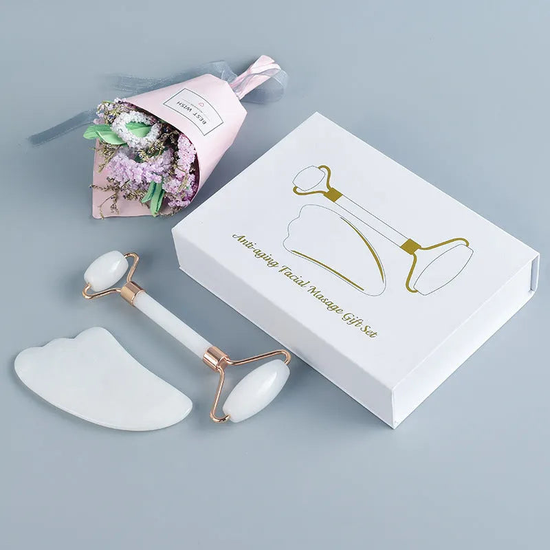 Natural white jade double-headed claw roller and scraping board set for facial and body massage