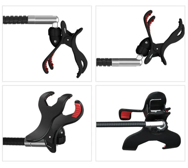Black mobile phone bed bracket with adjustable universal holder mounted on bed frame
