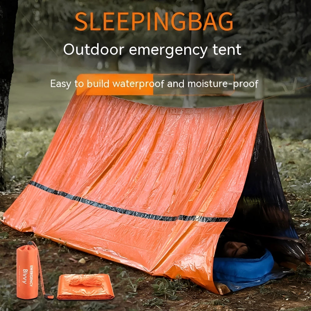Portable orange disaster relief tent with sleeping bag and emergency blanket for emergency shelter