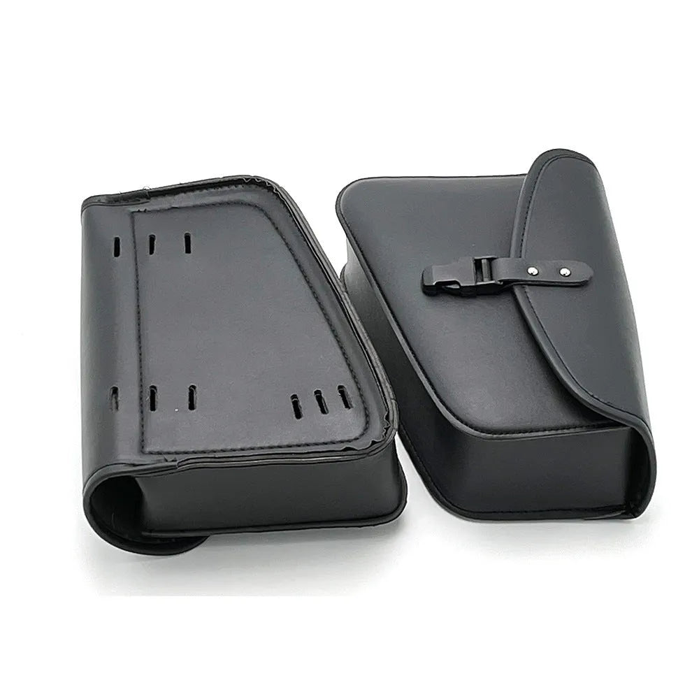 Black PU leather motorcycle swingarm side saddlebag mounted on a Harley-Davidson Sportster.