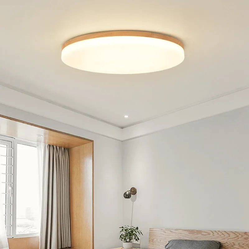 Japanese minimalist wooden and acrylic LED ceiling lamp with three colour lighting