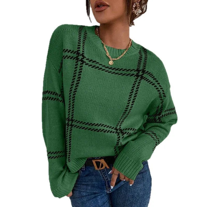Women's loose-fitting plaid colour-block acrylic pullover sweater showing apricot, black, beige, red and green stripes