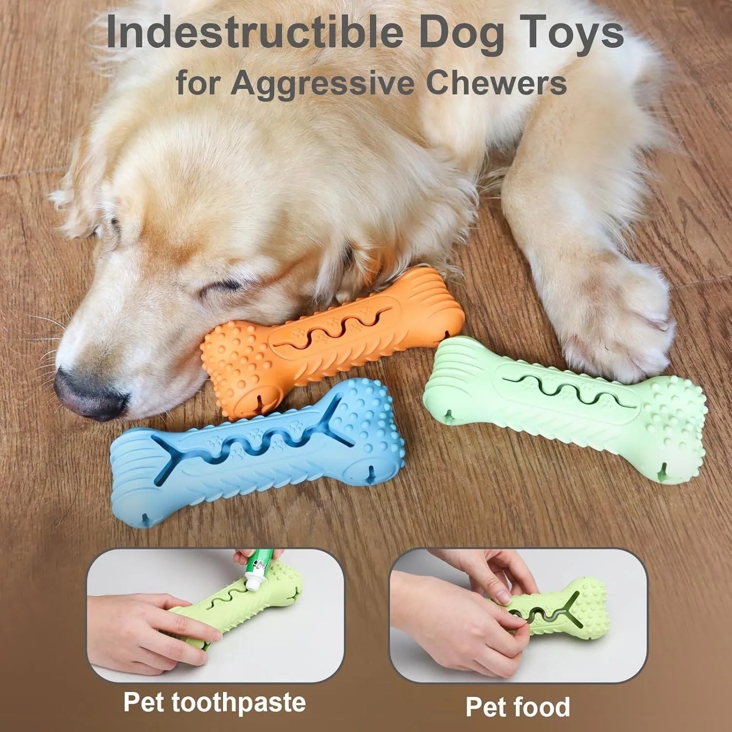 Blue bone-shaped natural rubber dog chew toy with textured surface for teeth cleaning.