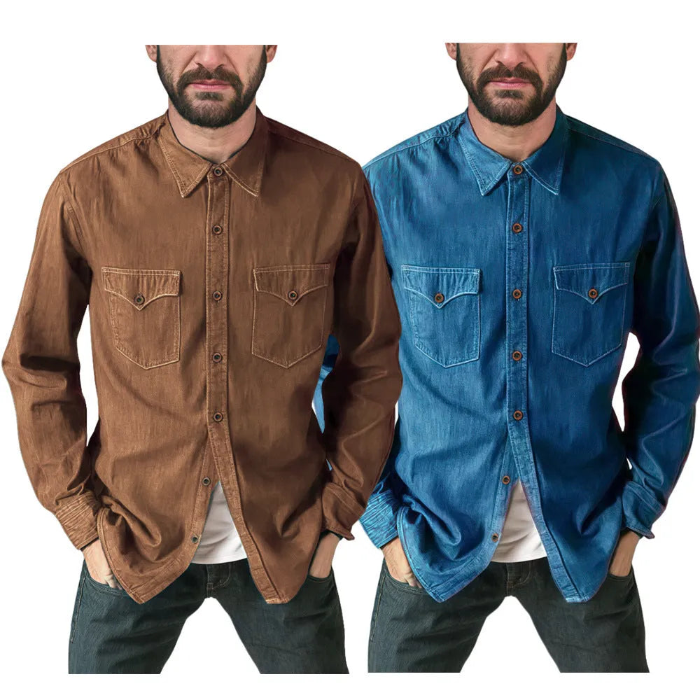 Men's regular fit denim cardigan coat in khaki, shown open over a white t-shirt.