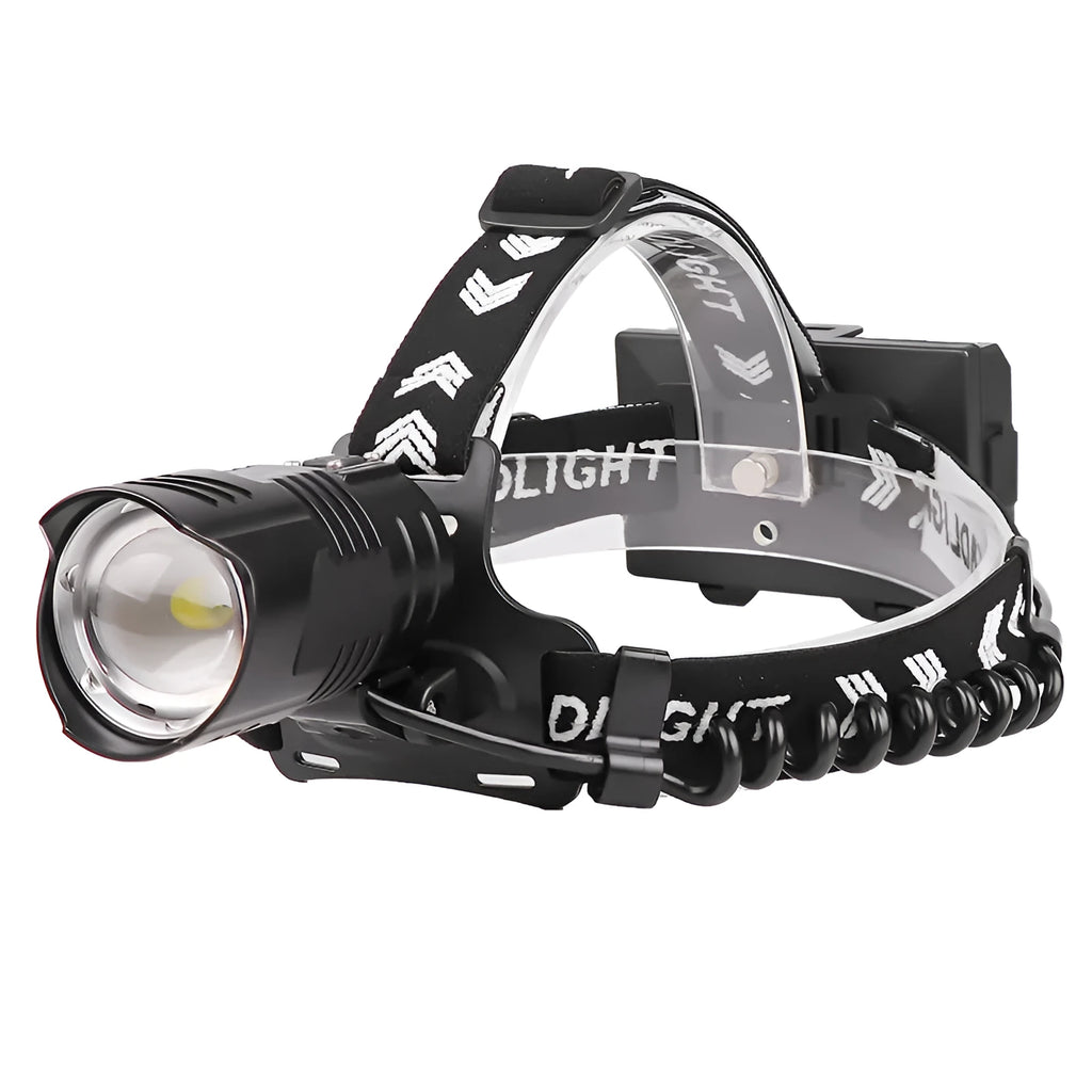 Black aluminium alloy zoom head torch with telescopic front and USB charging port.
