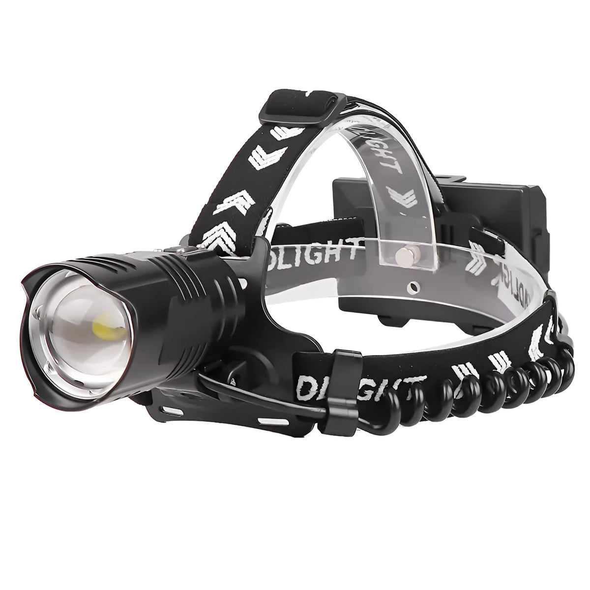 Black aluminium alloy zoom head torch with telescopic front and USB charging port.