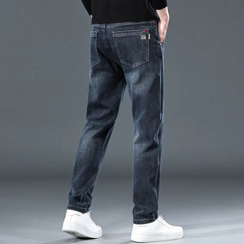 Men's slim straight loose casual trousers in blue grey or black, made from thin polyester fabric with micro elasticity.
