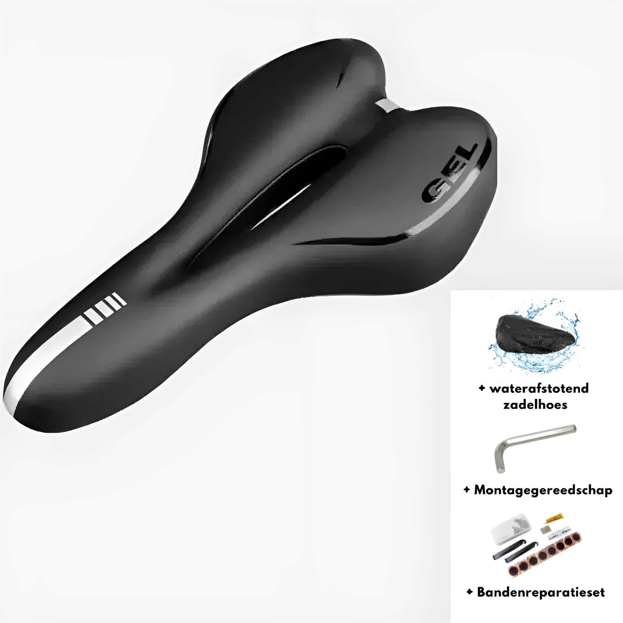 Bicycle saddle with black PU leather, showing spring suspension underside and included wrench and tyre patch.