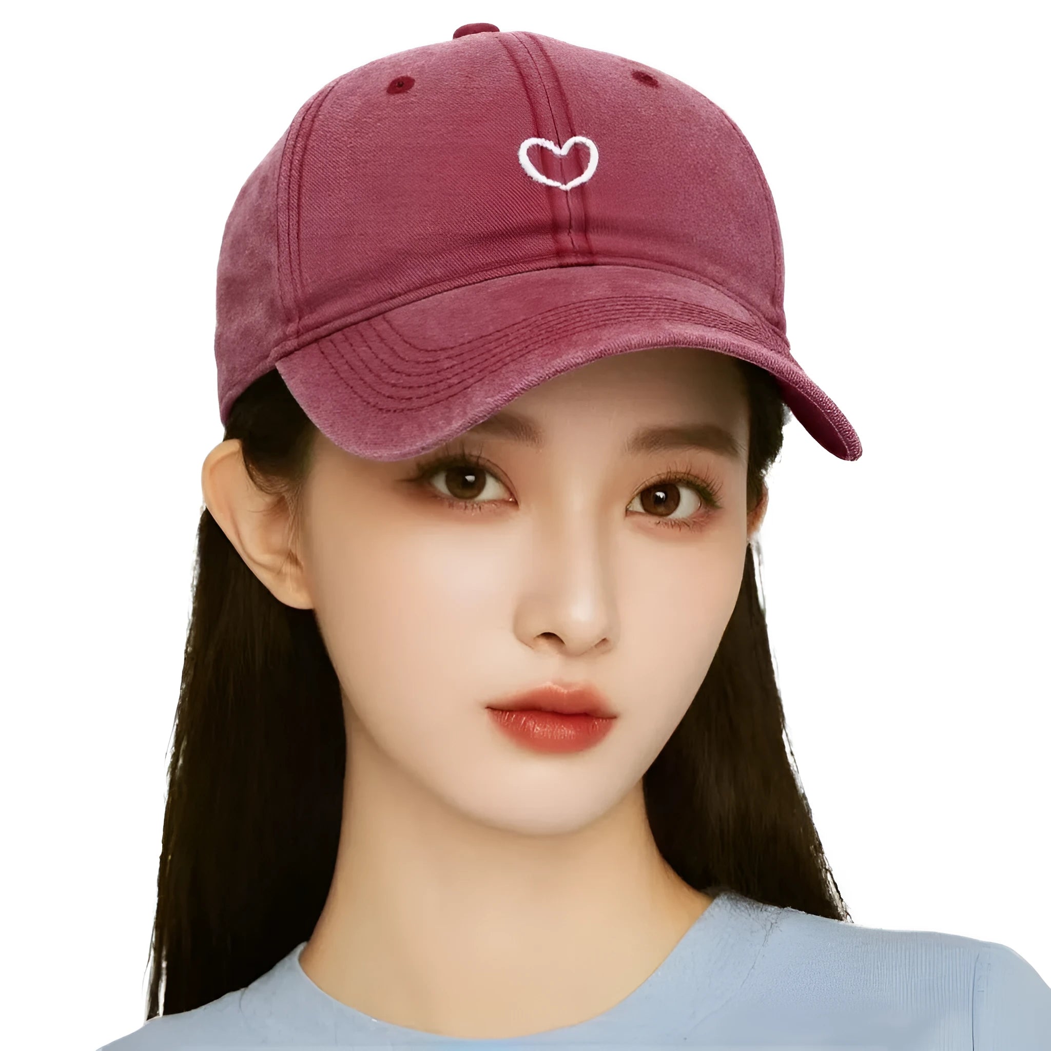 Retro-style cotton baseball cap with embroidered 'love' word, shown in an adjustable size.