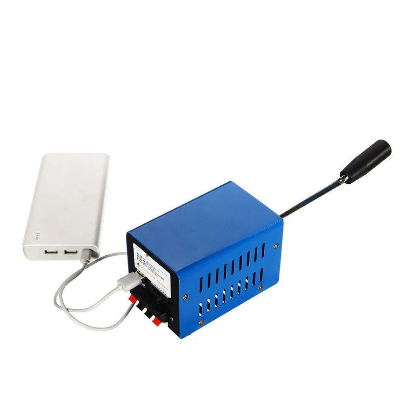 Blue metal hand crank generator with USB ports and adjustable voltage dial for emergency charging