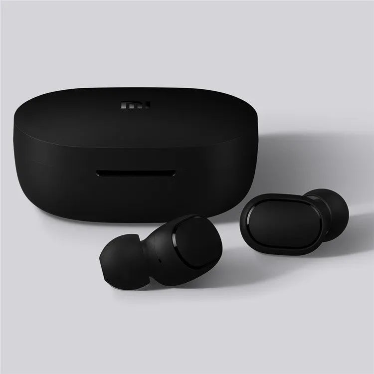 Redmi AirDots 2 black true wireless earbuds with charging case on a white background